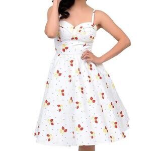 NWOT STOP STARING! Dress XS White Red Strawberry Fit&Flare Retro-Style Cotton
